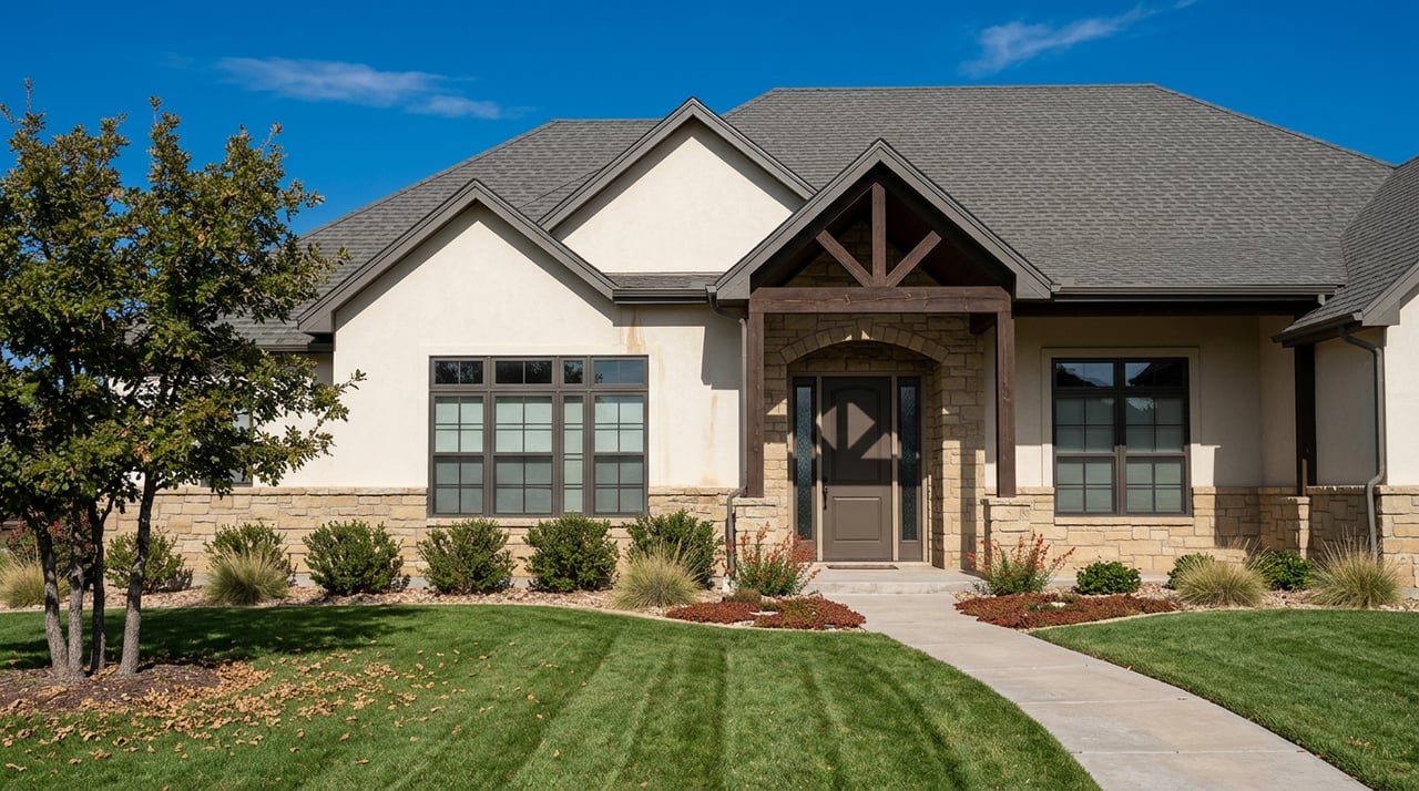Stone-and-stucco suburban home with an arched entry, dark wood porch beams, gabled roof, and curved lawn walkway.