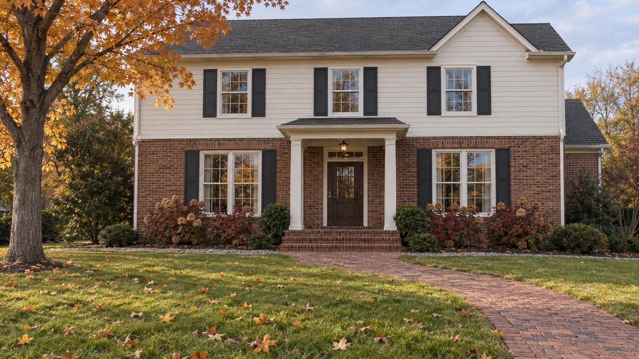 Traditional brick-and-ivory home beyond a deep autumn lawn, with a sugar maple and burgundy oakleaf hydrangeas.