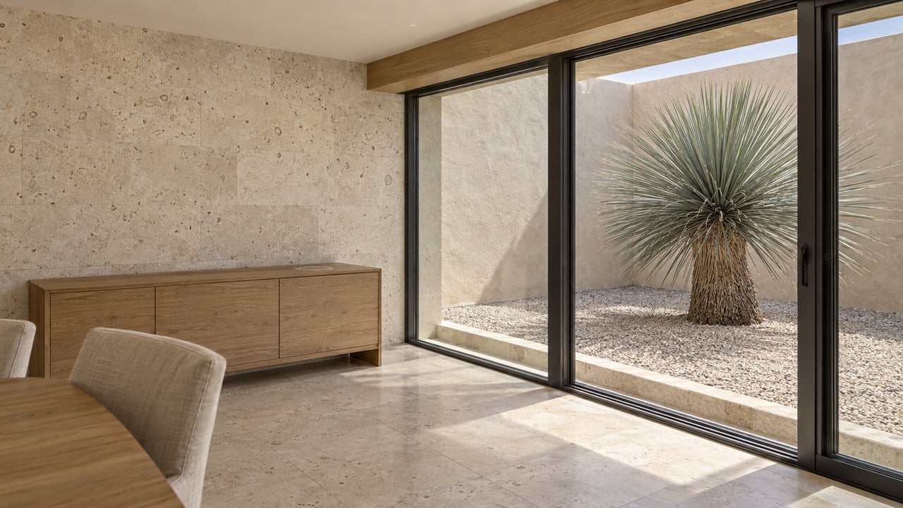 Dining corner with limestone wall, oak sideboard, and glass doors overlooking a gravel court and desert plant.
