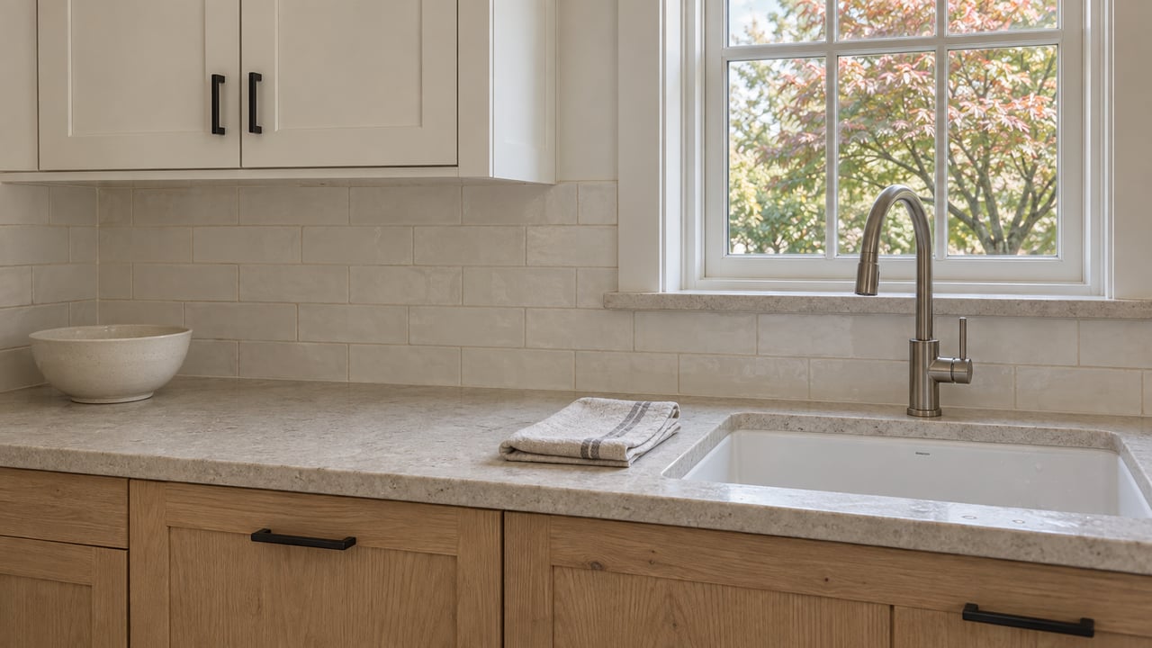Close view of a light-filled kitchen with pale oak cabinetry, a limestone counter, and a divided-light window overlooking a maple tree.