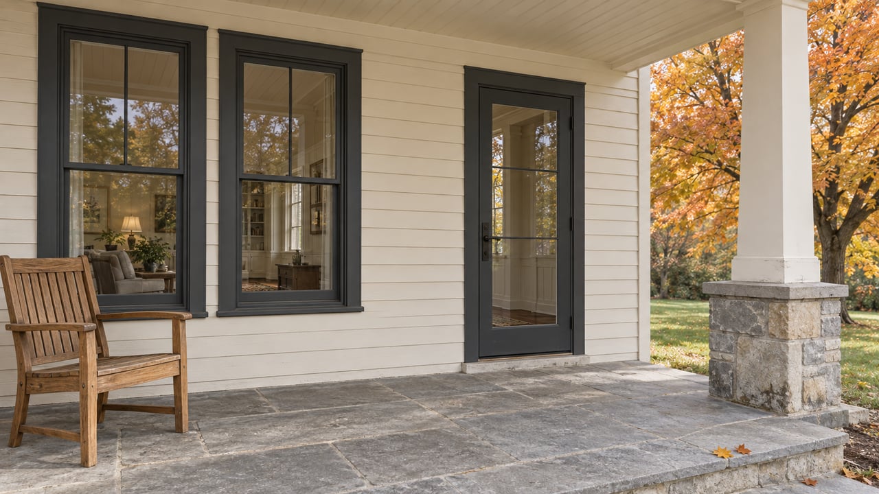 An ivory wood-sided home's covered porch with charcoal-framed windows, limestone paving, an oak chair, and autumn maple leaves.