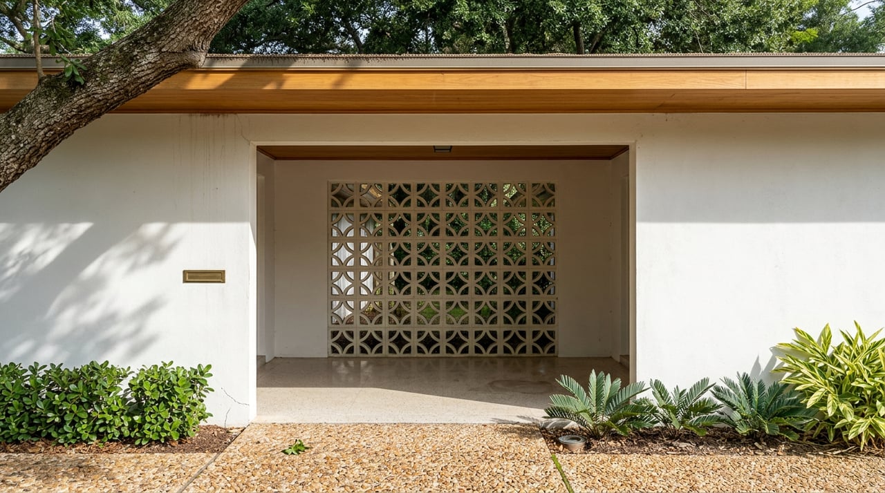 A stucco breezeway frames a patterned concrete screen above a pebble walkway, beneath live-oak leaves.