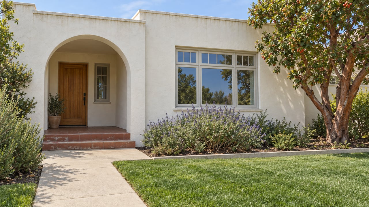 Low view across a small front garden toward an off-white stucco home with an arched porch, red tile steps, and a timber-framed window.