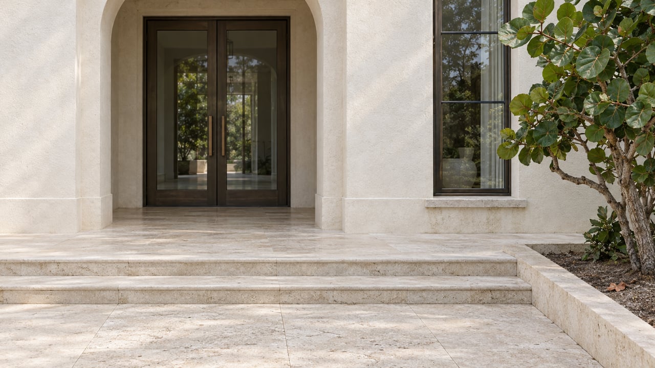 Ivory stucco home entrance with bronze-framed glass doors, pale limestone steps, and a sea-grape tree beside the approach.