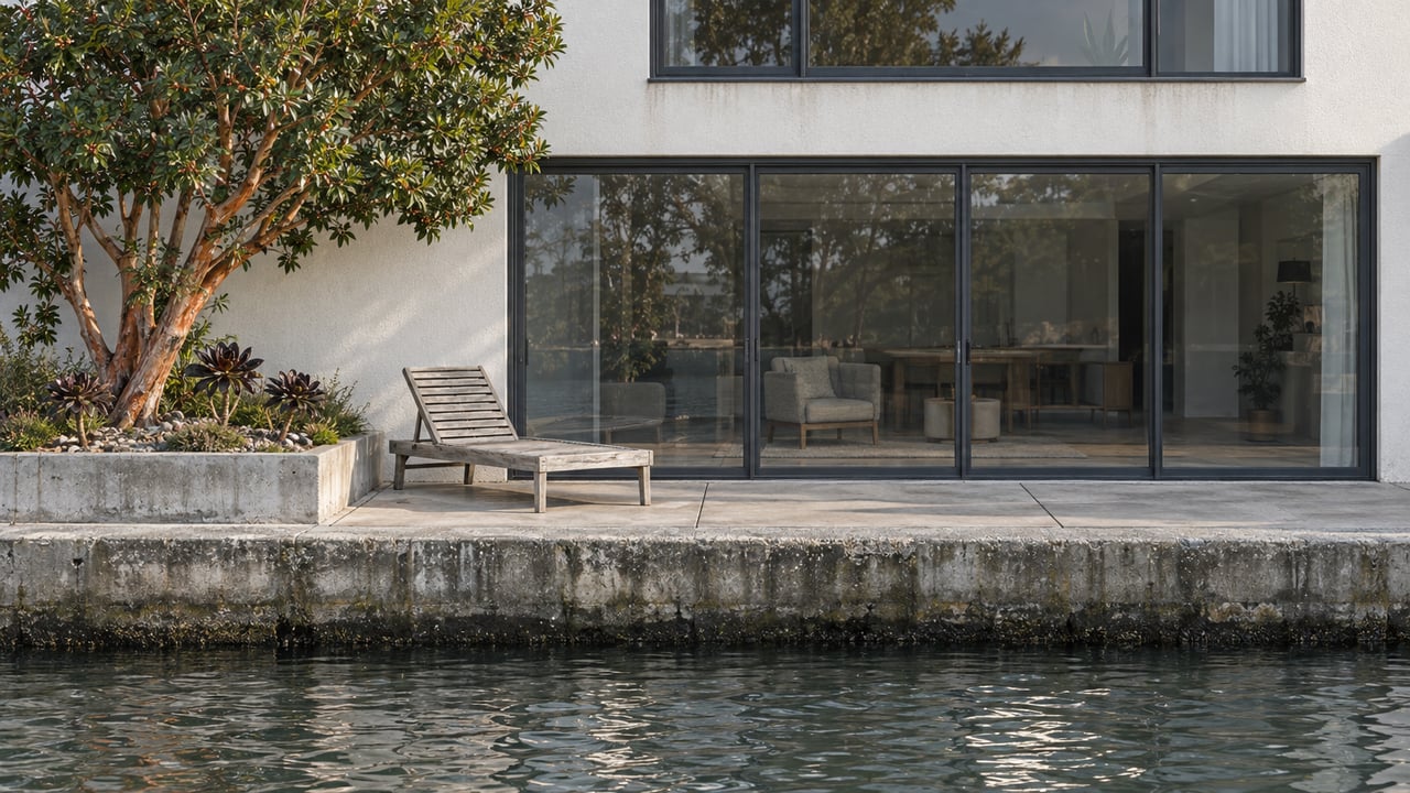 Compact stucco waterfront home with charcoal-framed glass doors, a weathered concrete quay, teak lounge chair and sculptural strawberry tree.