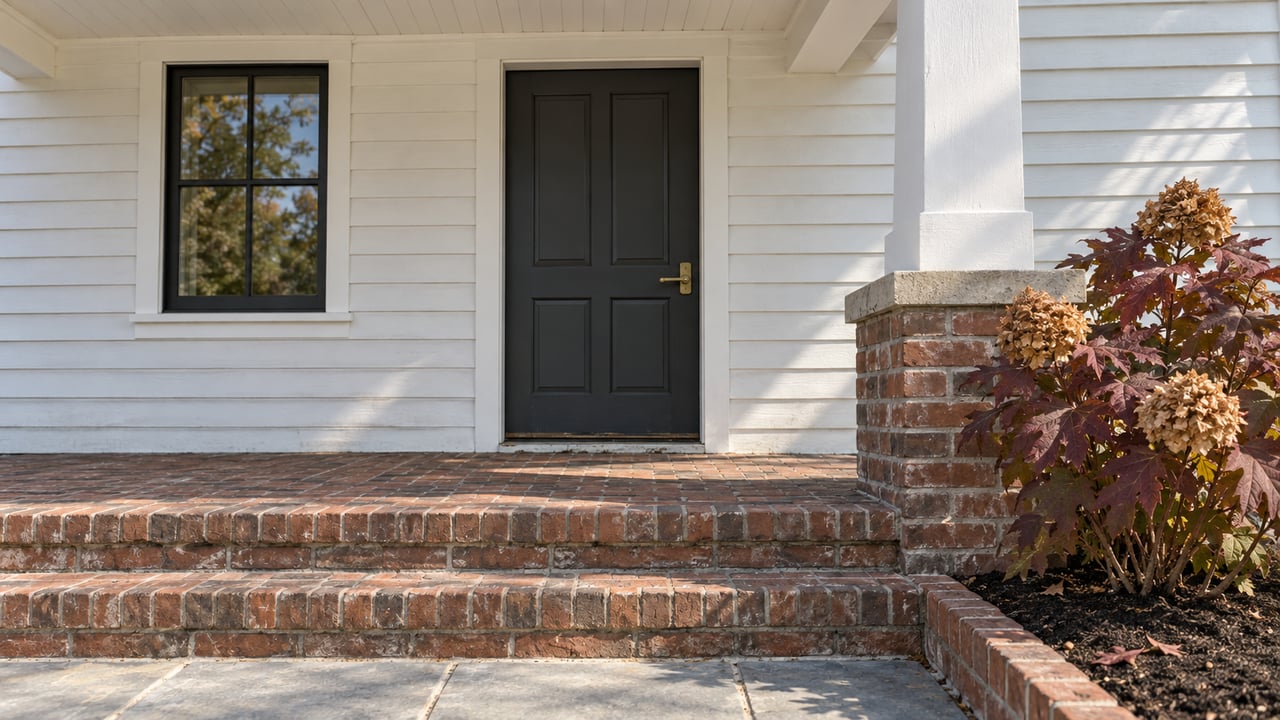 Close view of a white clapboard home's charcoal front door and weathered brick porch steps beside burgundy oakleaf hydrangea.