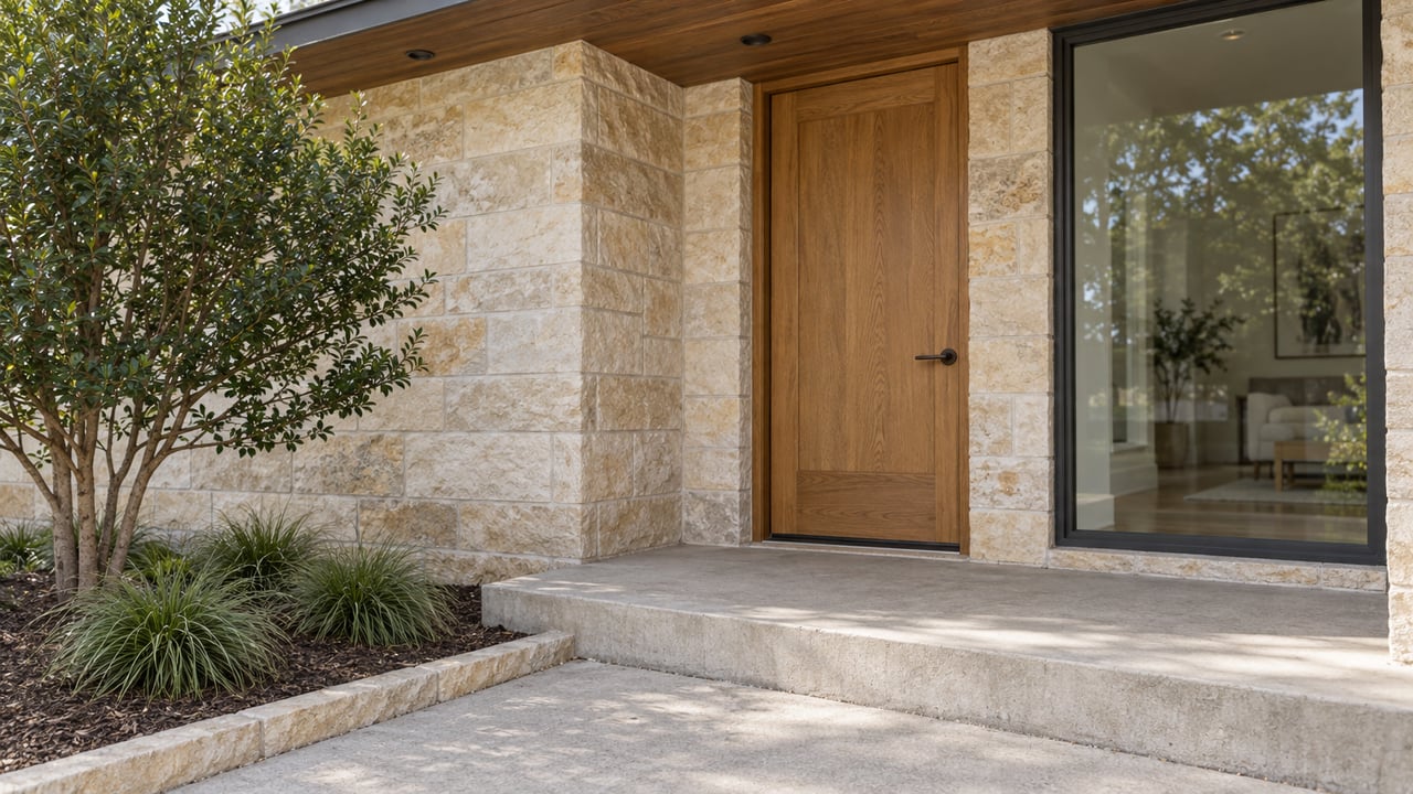 Close view of a covered wood entry door, pale limestone wall, charcoal-framed window, concrete step and carefully planted bed.