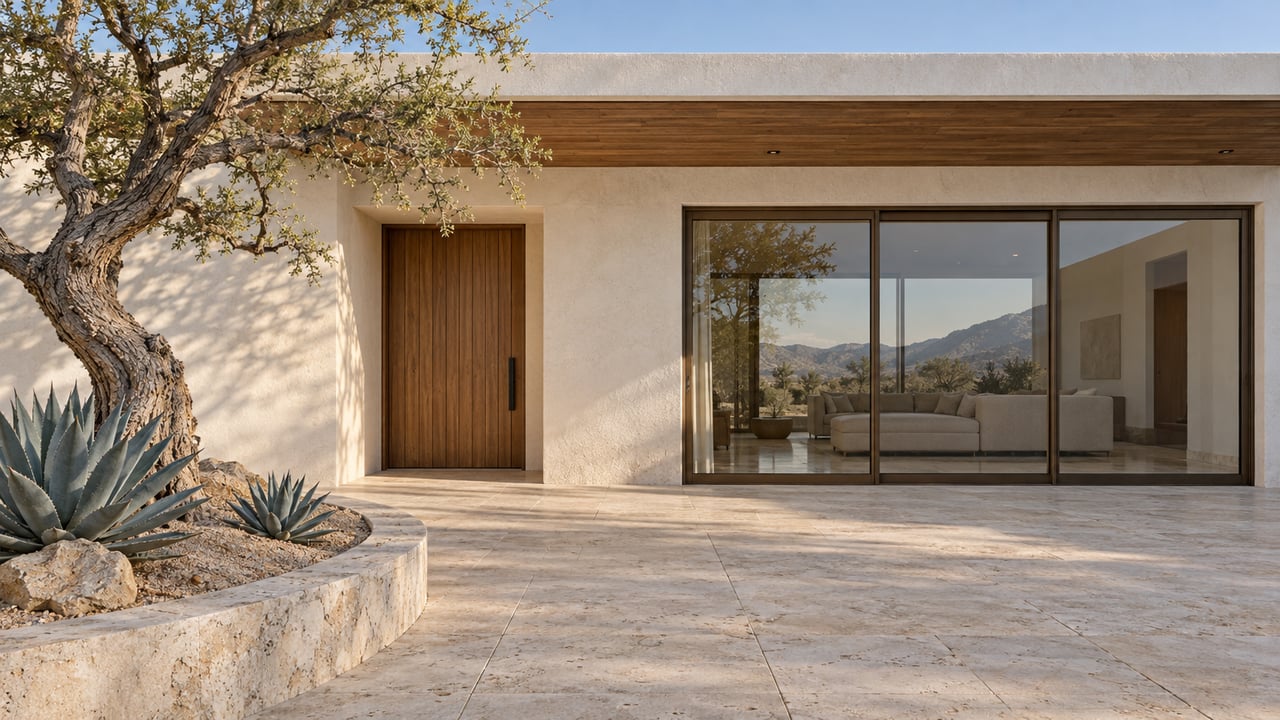 Modern home with a wood entry door, glass living-room wall, stone patio, and desert landscaping.
