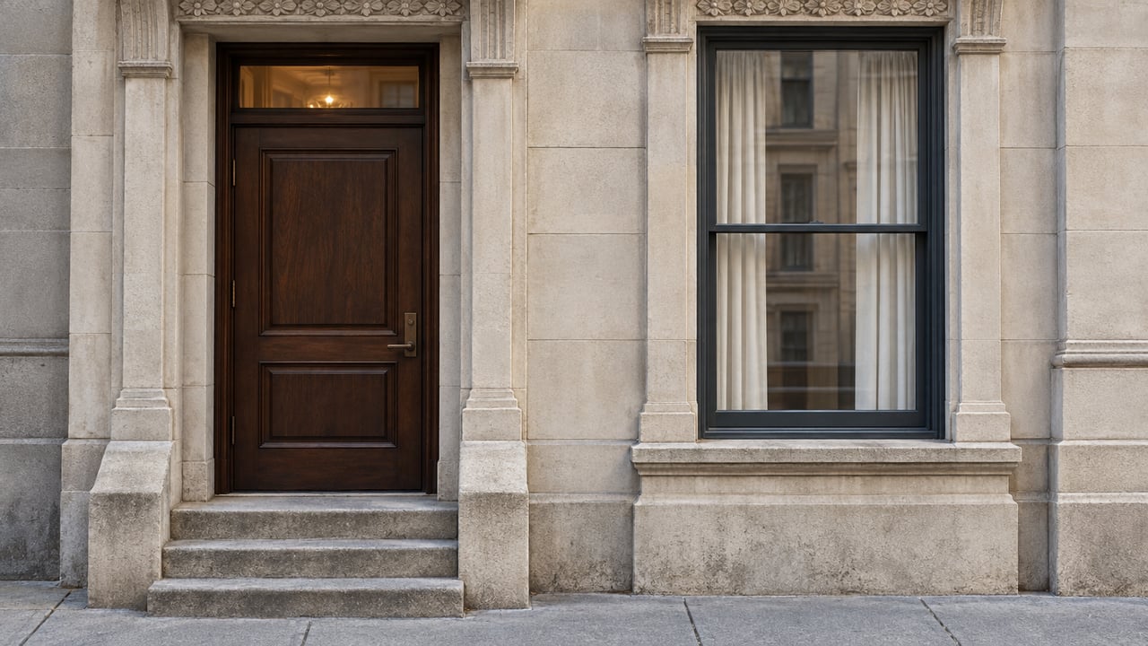 Weathered limestone townhouse entrance with a dark oak door, glazed transom, tall sash window, and worn stone steps.
