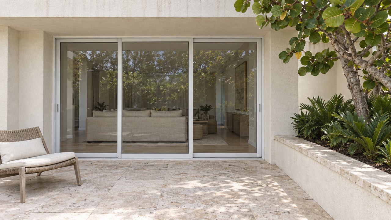 Cream stucco condominium terrace with closed sliding glass doors, a woven lounge chair, pale stone paving, and a sea grape tree in a raised planter.