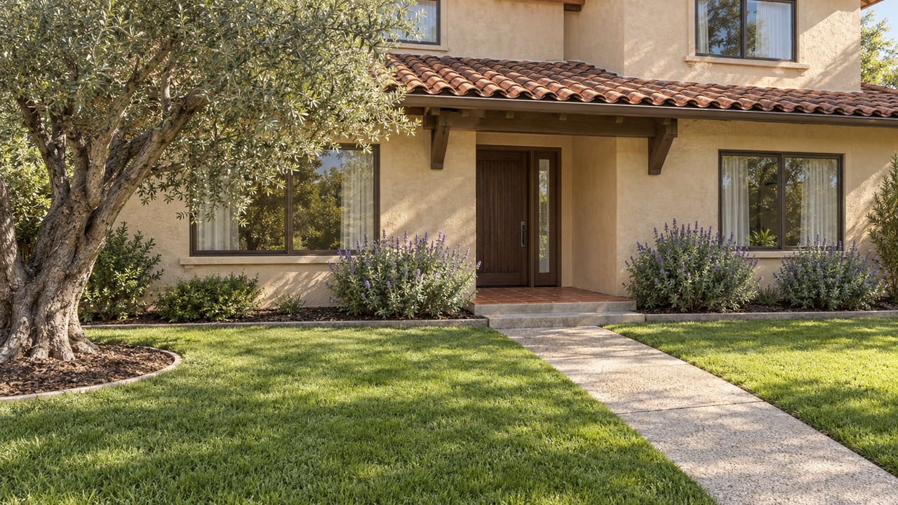 Established stucco home with terracotta roof tiles, a deep green front lawn, an olive tree and a concrete entry walk.