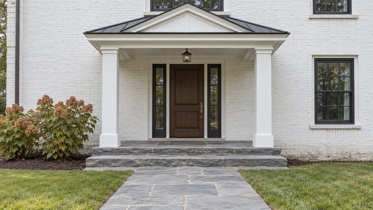 White-painted brick home with a dark oak entry, paired glass sidelights, bluestone steps, and oakleaf hydrangeas beside the front walk.
