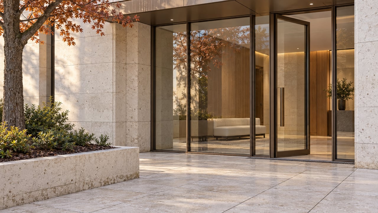 Glazed residential tower entrance framed by pale limestone and bronze metal, with an autumn oak in a raised stone planter.