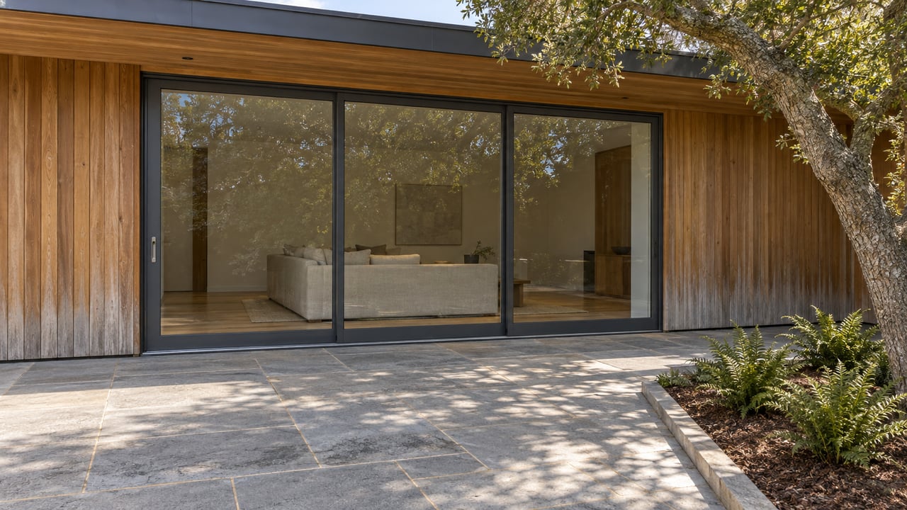 Wood-clad home with closed glass doors, a gray stone terrace and a mature oak beside three ferns.