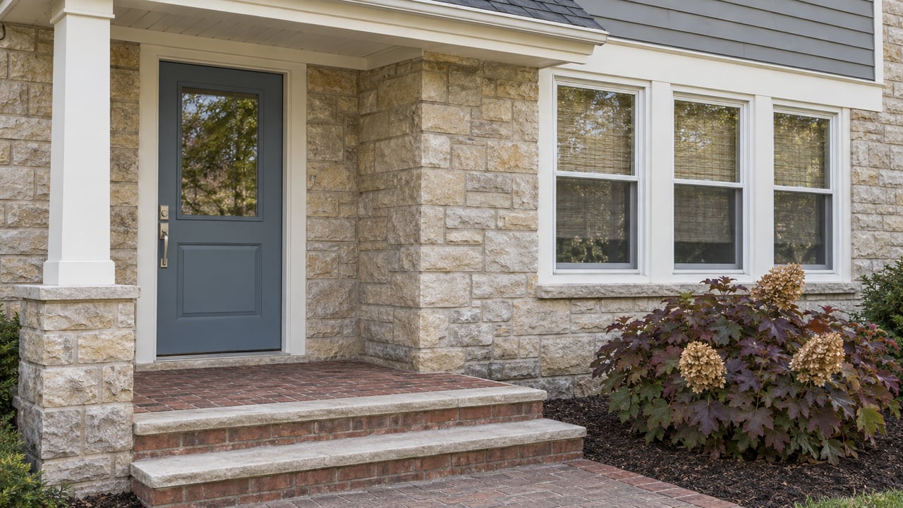 Blue-gray front door and white-trimmed windows beside limestone masonry, with brick steps and burgundy oakleaf hydrangea.