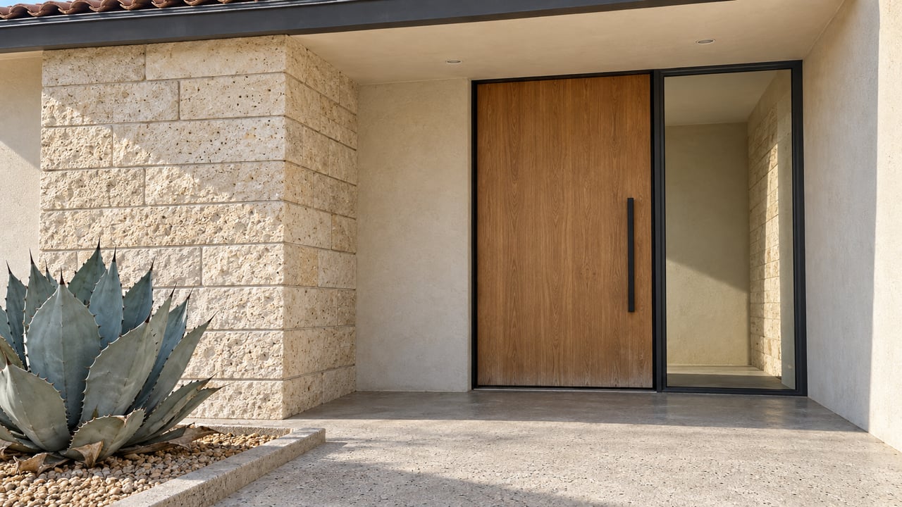 Close view of a desert-modern home's shaded oak front door, cream limestone pier, concrete landing, and blue-gray agave.