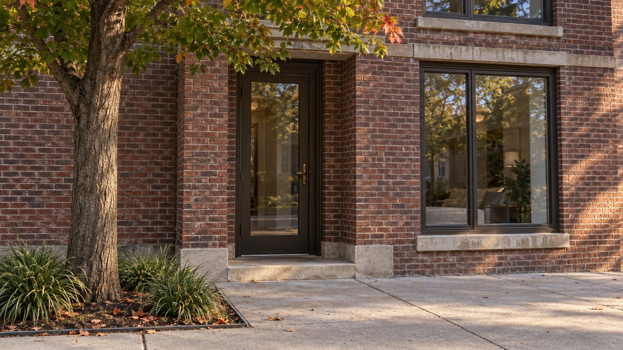 Brick condo entrance with bronze door and window beside a red oak in pavement planting.