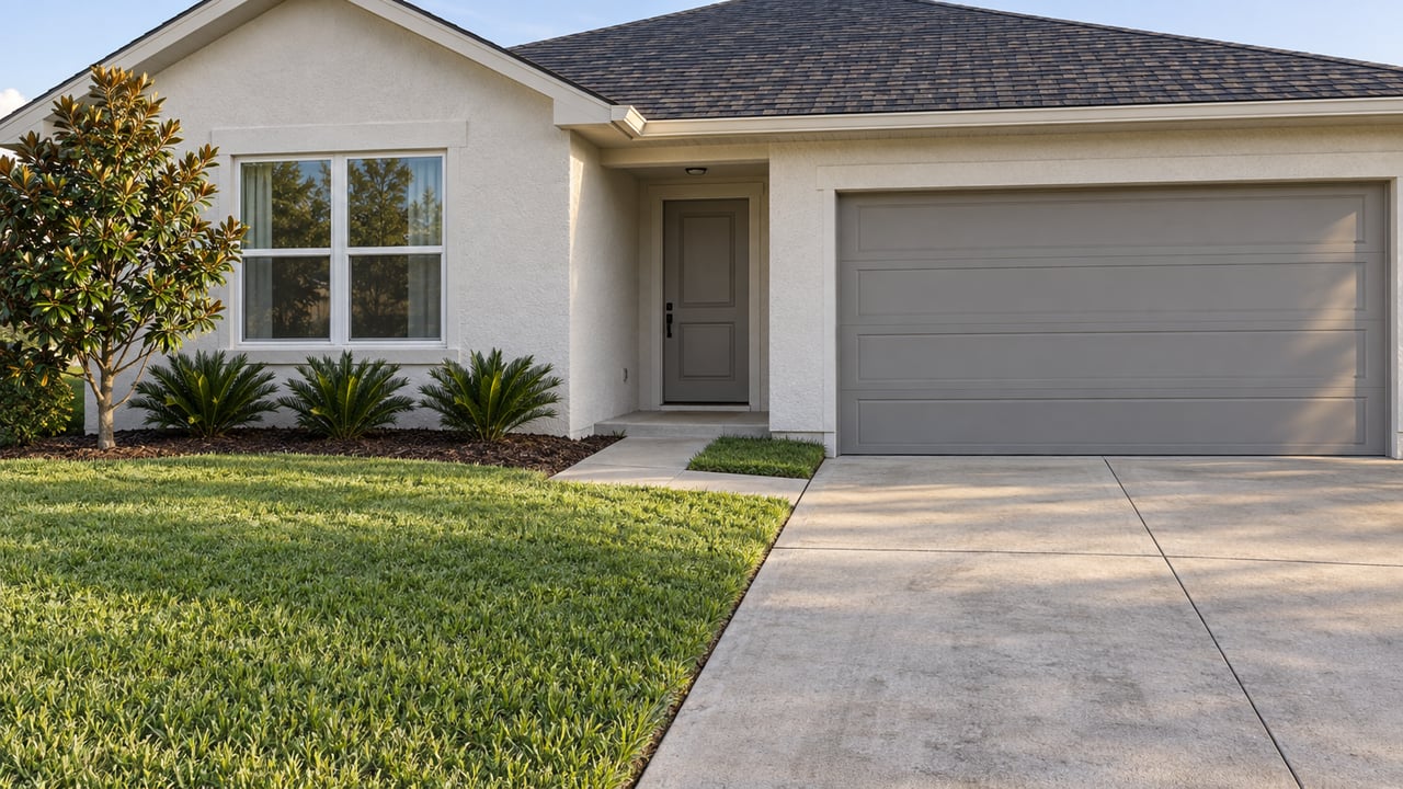 Light stucco home with a charcoal gable roof, recessed entry, concrete driveway and neatly planted front lawn in afternoon light.