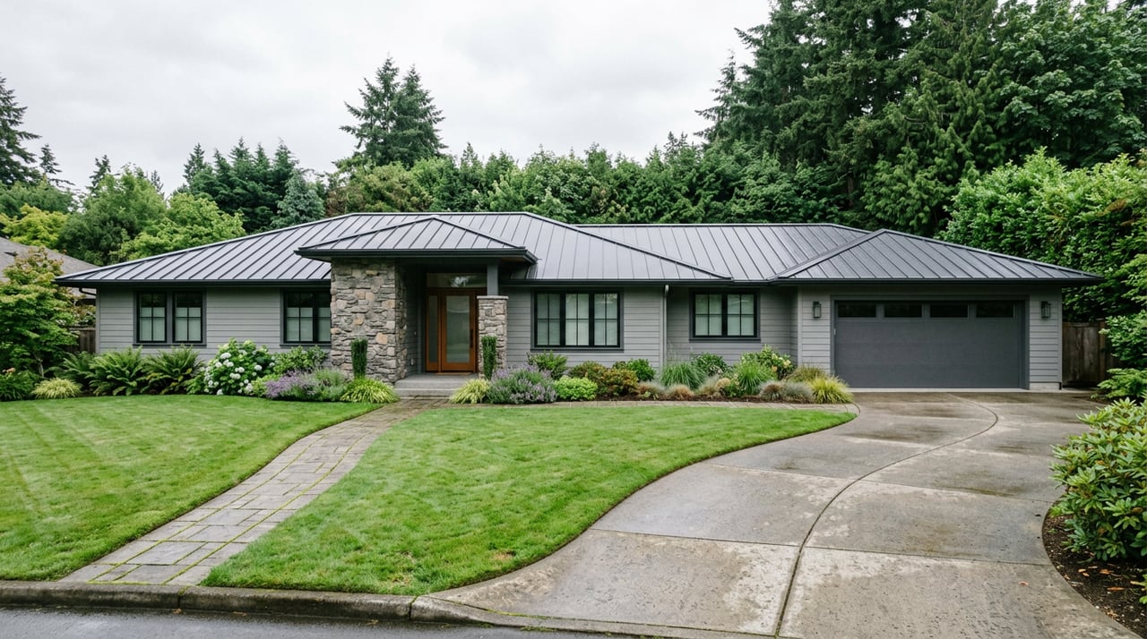 Gray modern home with a stone entry column, curved driveway, and paver walkway across a broad lawn.