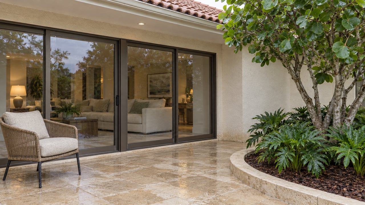Covered limestone terrace with bronze-framed sliding doors, a woven chair and glossy specimen planting beside a cream stucco home.