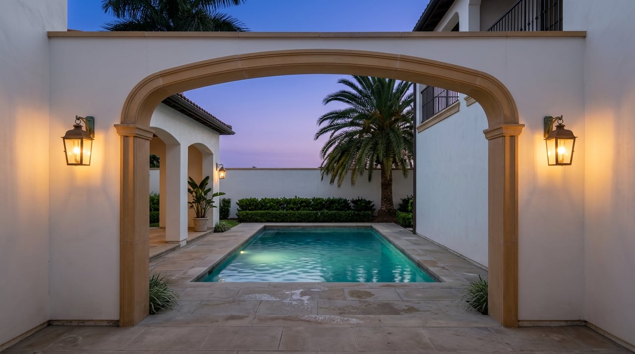 Arched loggia frames a turquoise-lit courtyard pool, palm, and lantern sconces at dusk.