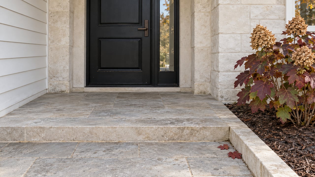 Black paneled entry door and glazed sidelight framed by pale limestone, with a stone step and burgundy oakleaf hydrangea beside the approach.