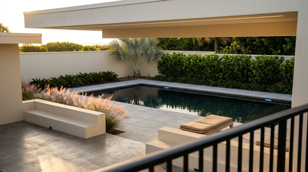 Coastal home’s pool terrace with mirror-dark water, a silver-blue palm, and pink muhly grass.