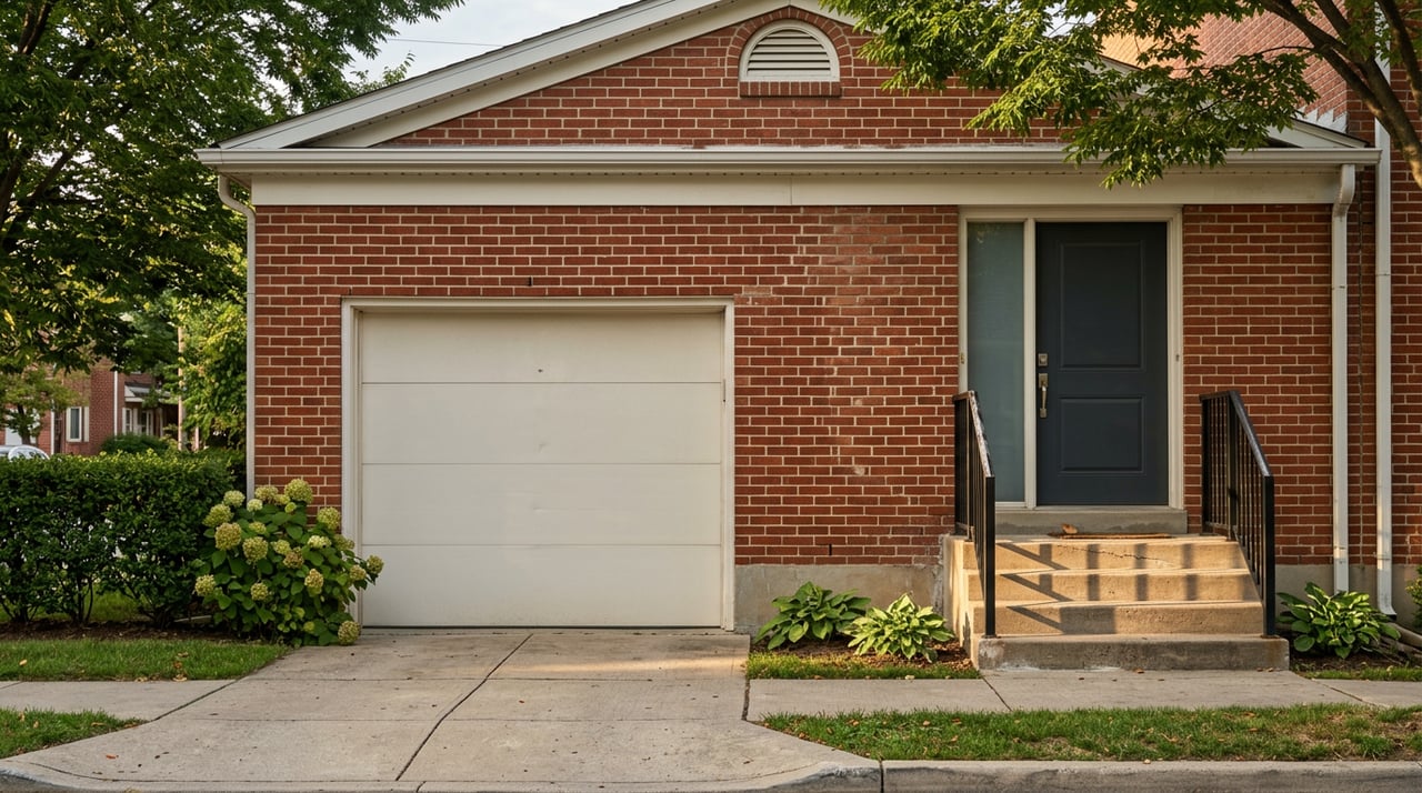 Attached red-brick row house with an off-white garage door, recessed entry, and concrete stoop.