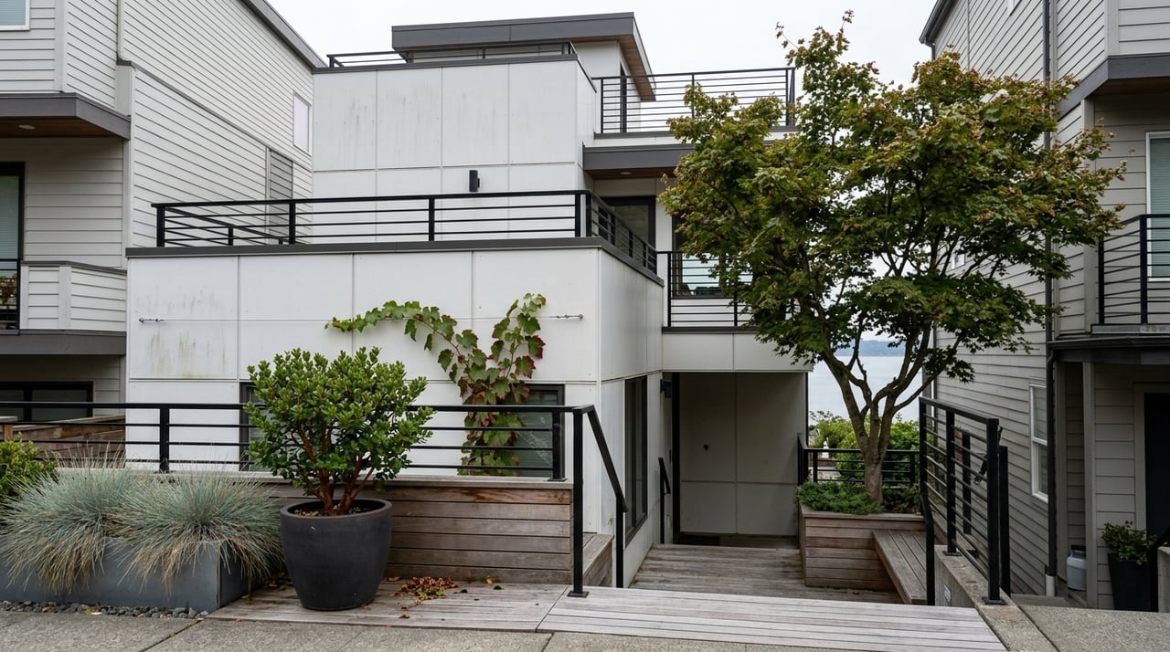 White multi-level residence with black railings, a vine maple, and a sliver of water.