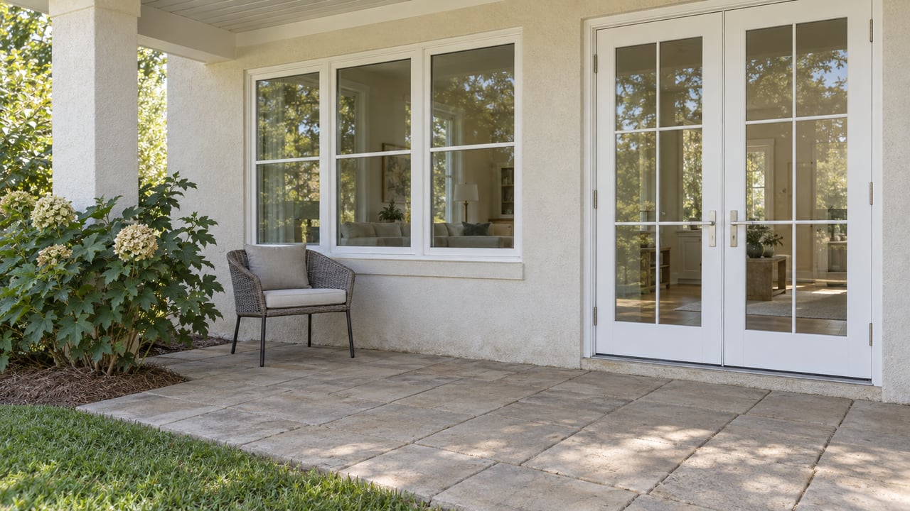 Covered terrace with white French doors, a divided window, sand-colored pavers and an oakleaf hydrangea beside the lawn.