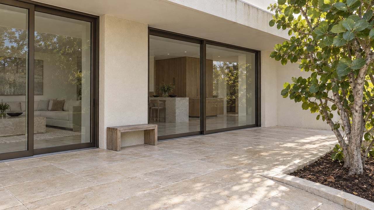 Sunlit limestone terrace beside closed bronze-framed glass doors, cream stucco, a weathered teak bench, and a single sea-grape tree.