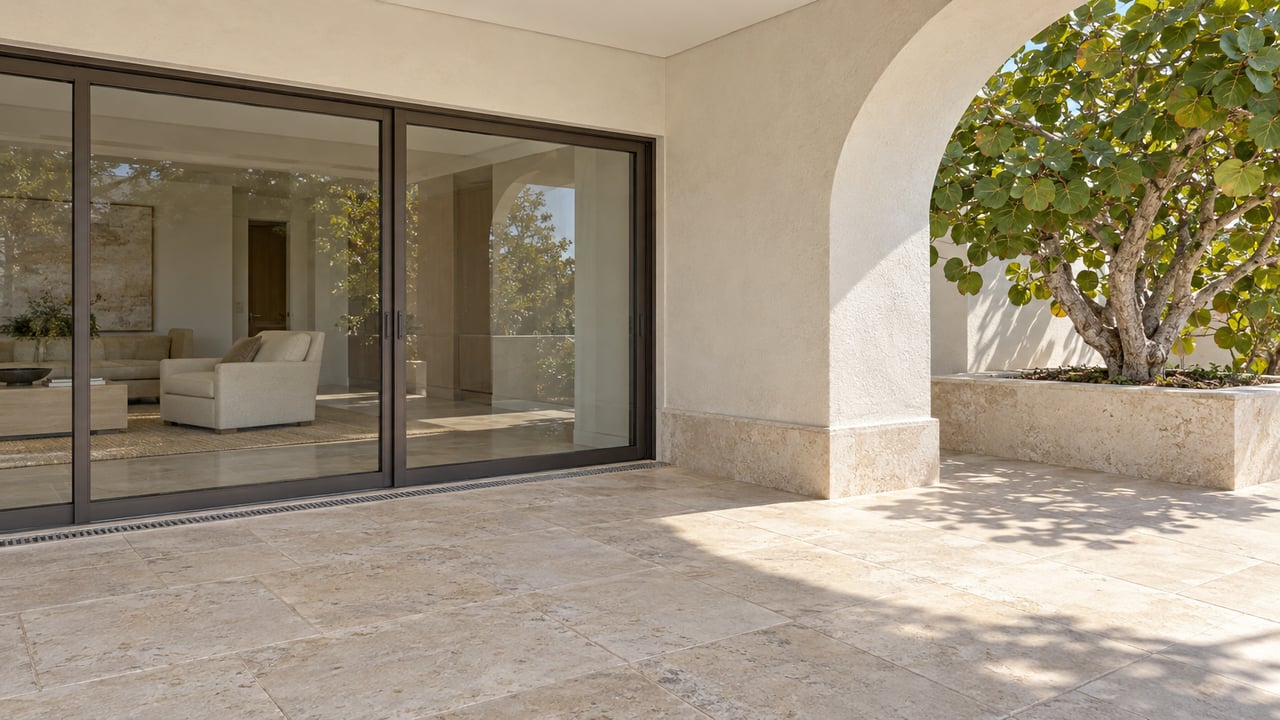 Sunlit limestone terrace beneath a thick white stucco arch, beside closed bronze-framed glass doors and a sea grape specimen in a raised stone planter.