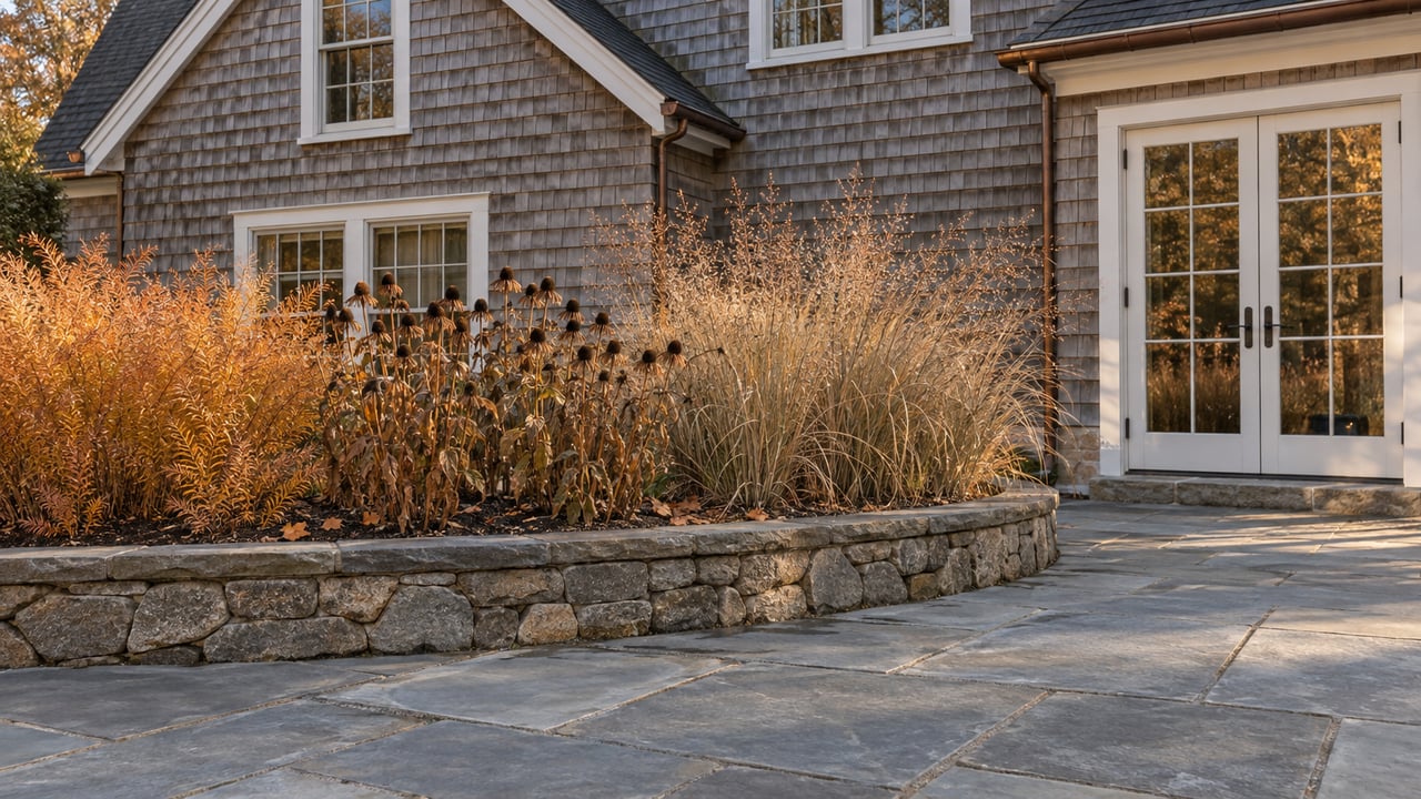Late-season seed heads and copper-gold foliage in a stone-edged bed beside the bluestone terrace of a weathered shingled home.