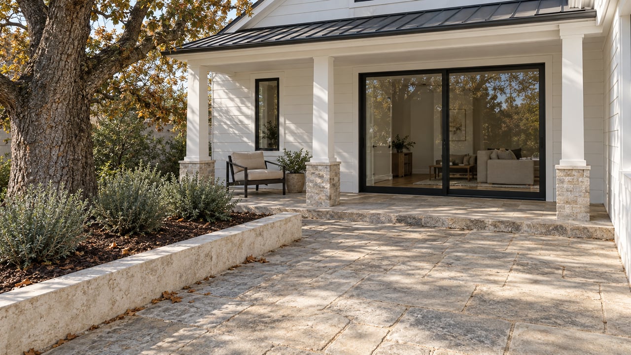 White-sided gabled home with a covered porch, closed black-framed glass doors, and a limestone garden terrace beside an oak and gray-green sage.