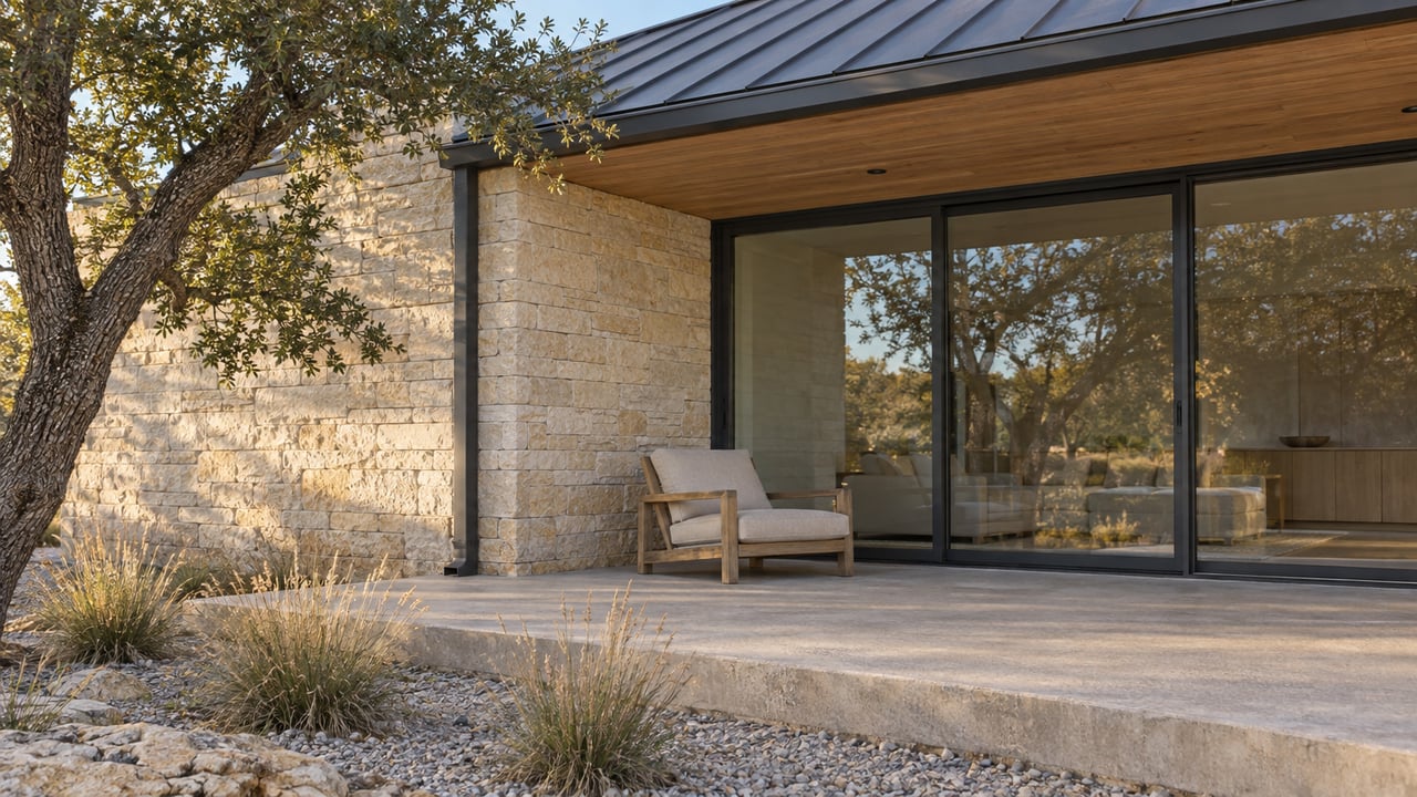 Limestone home with a charcoal metal roof, wood-lined covered terrace, closed glass doors and a teak chair beside an oak and native grasses.