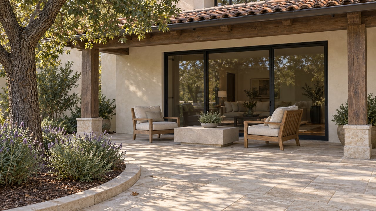 Sunlit limestone terrace beside an ivory stucco home, with teak chairs beneath a tiled porch and a mature oak at the planting edge.