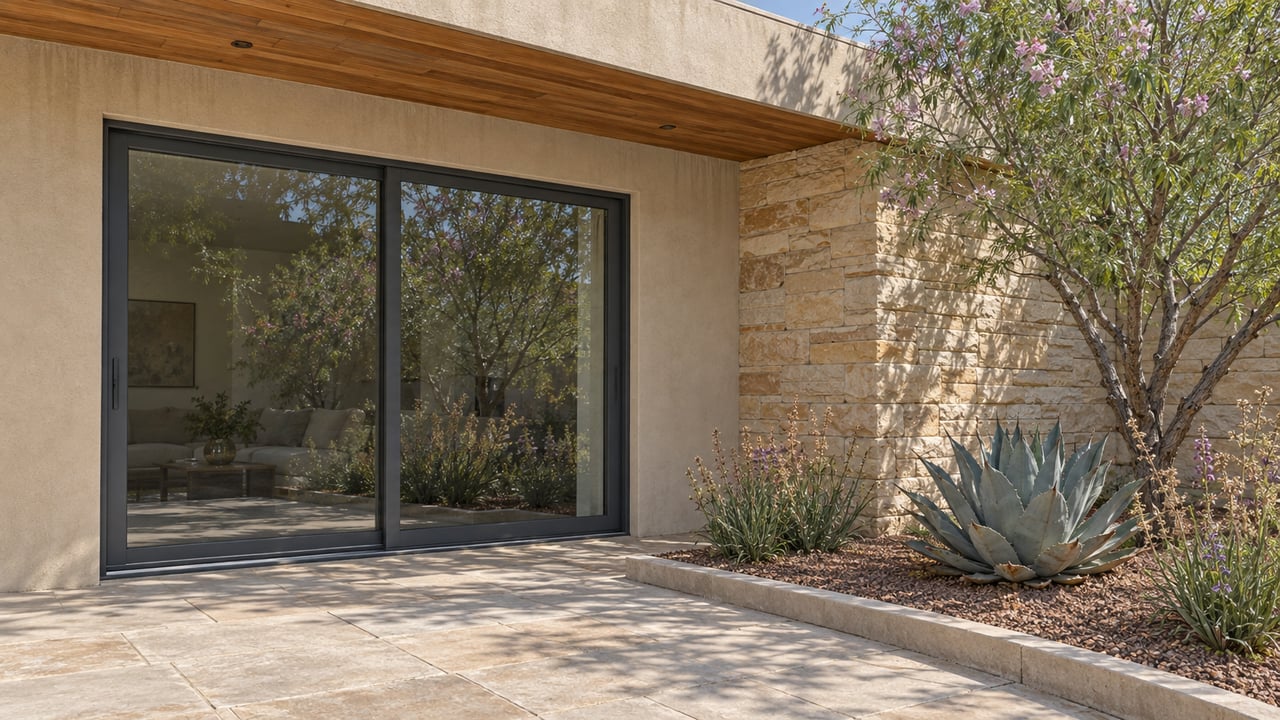 Modern home patio with sliding glass doors, a wood soffit, and desert landscaping.