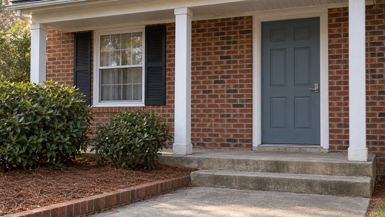 Red brick home entry with a blue-gray door, white porch posts, black window shutters and azaleas beside a concrete walk.