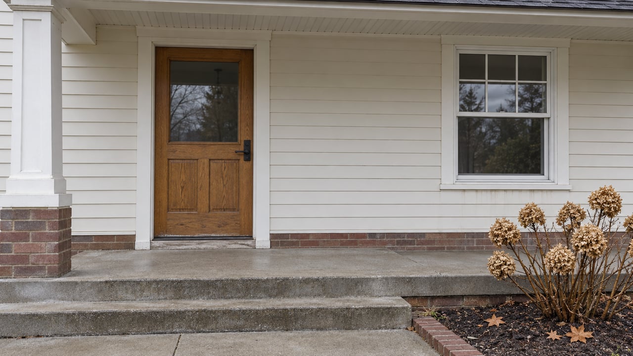 Covered entry with a warm oak door, ivory siding, brick foundation, concrete steps and dried hydrangea flowers.