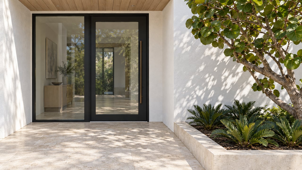 Sunlit white-stucco home entry with a black-framed glass door, pale limestone landing and sea-grape planting.