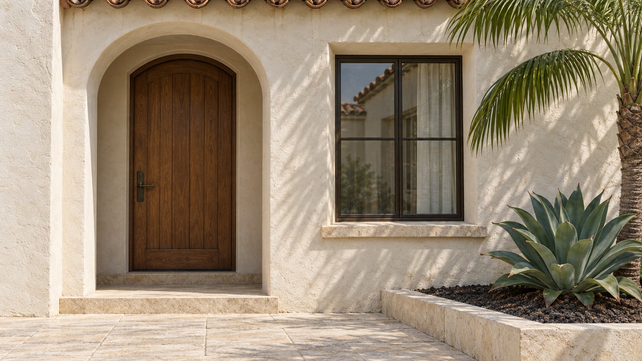 Cream stucco entrance with an arched oak door, terracotta eave, limestone paving, and a palm beside an agave.