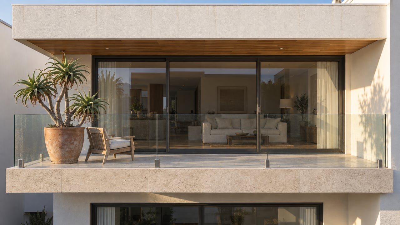 Contemporary white stucco home with a pale stone balcony, glass railing, warm wood soffit and a potted aloe in afternoon light.