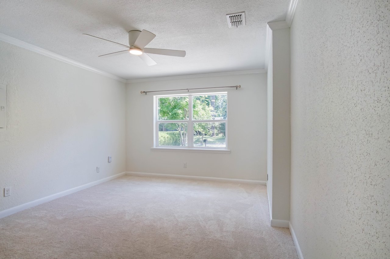 An empty room with beige carpet, white walls, and a ceiling fan. A large window lets in natural light, revealing trees outside, creating a serene atmosphere.
