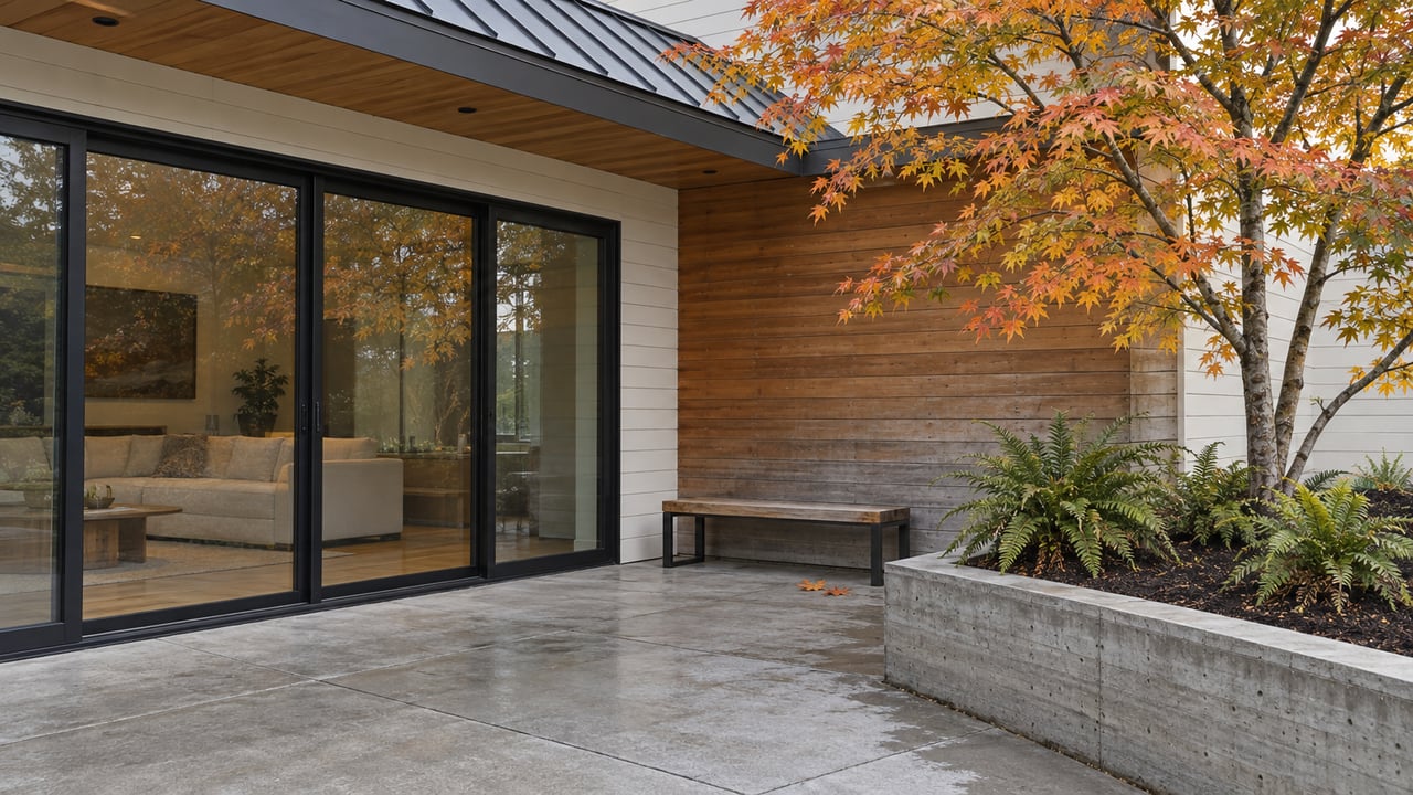 Contemporary home's glazed rear terrace with cedar siding, a teak bench, and an amber vine maple above a raised fern bed.