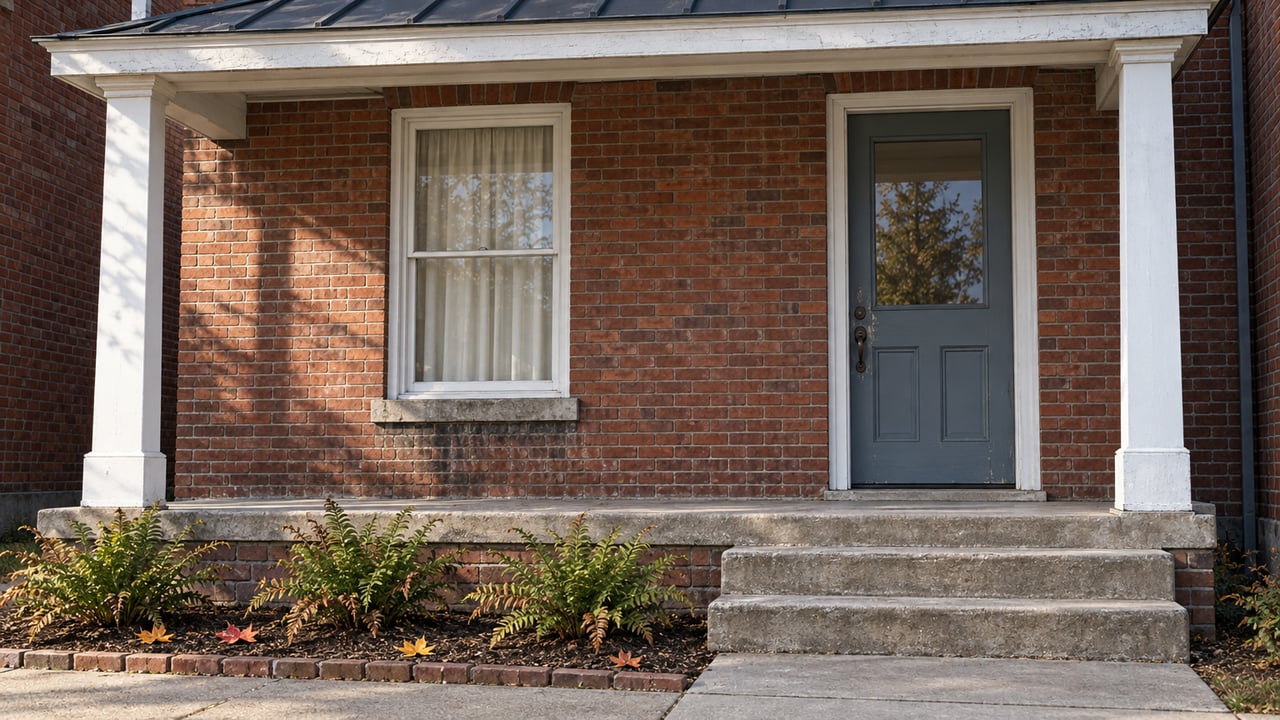 Morning light on a red brick home's blue-gray front door, white porch columns and worn concrete steps beside a small fern bed.