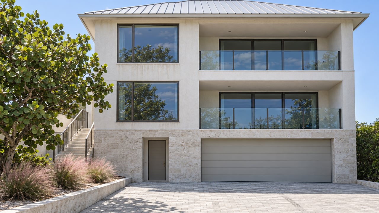 Elevated ivory-stucco residence with glazed terraces, limestone garage base, and a seagrape tree beside a pale paved driveway.