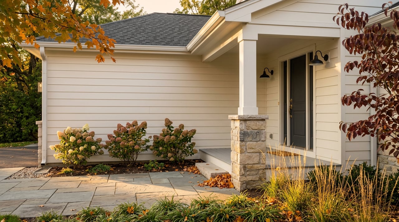 Porch corner with a limestone column, charcoal door, and fall plantings beside a bluestone walkway.