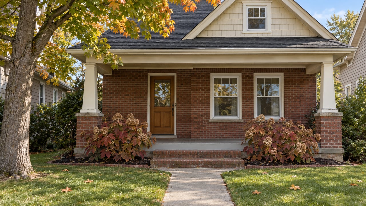 Brick-and-shingle cottage with a covered porch, short concrete walk and early autumn maple foliage.