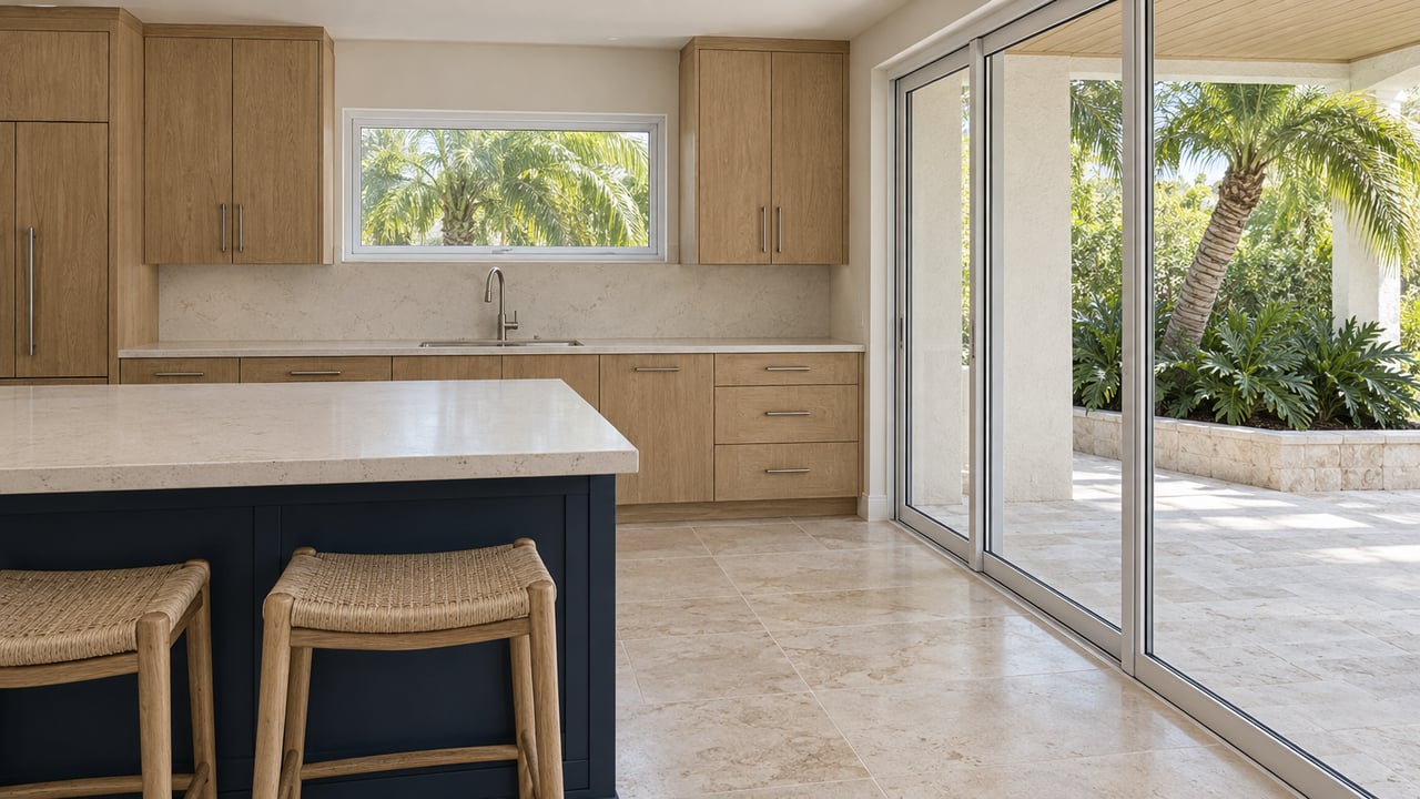 Sunlit kitchen with oak cabinetry, a navy quartz-topped island, pale limestone flooring and closed glass doors overlooking a covered tropical patio.