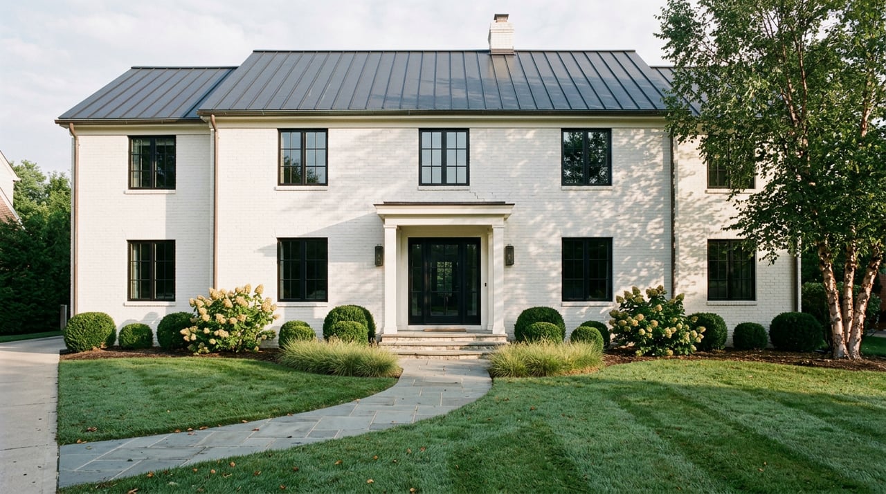 White brick two-story house with black steel windows, a covered entry, and a curving paver walkway through the lawn.